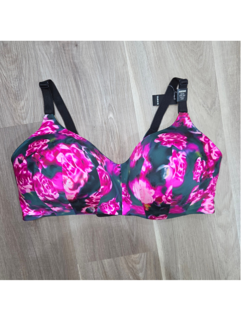 •Torrid• Women's Floral Wire-Free Bra 40DDD Black Pink